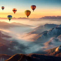 A cluster of hot air balloons in a misty valley.