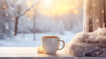 Cozy warm winter composition with cup of hot coffee or chocolate, cozy blanket and snowy landscape...