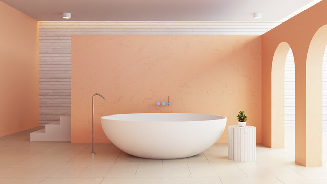 Peach Fuzz Orange color bathroom interior 2024 - 3D rendering