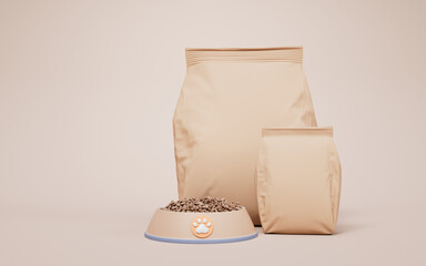 Brown pet food package bag, 3d rendering.