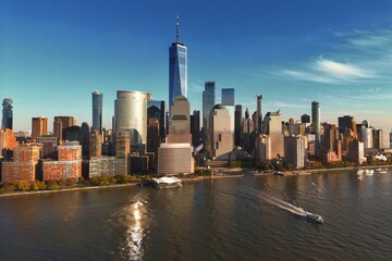 New York skyline landmarks skyscrapers. Travel to America. New York, USA. View of Manhattan in New York. New York City, USA midtown Manhattan financial district skyline.