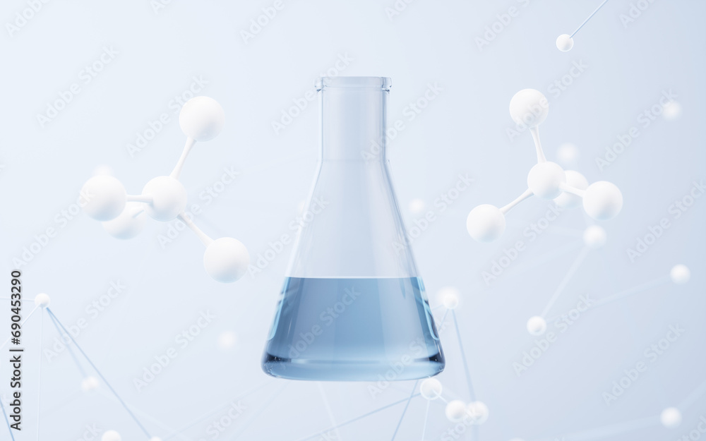 Poster conical flask with molecule background, 3d rendering.