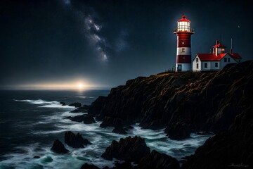 A lighthouse standing sentinel on a rugged coastline, guiding ships through the dark of night.