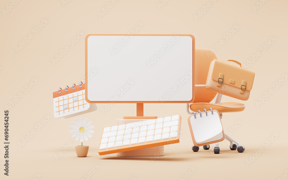 Poster computer screen and office work, 3d rendering.