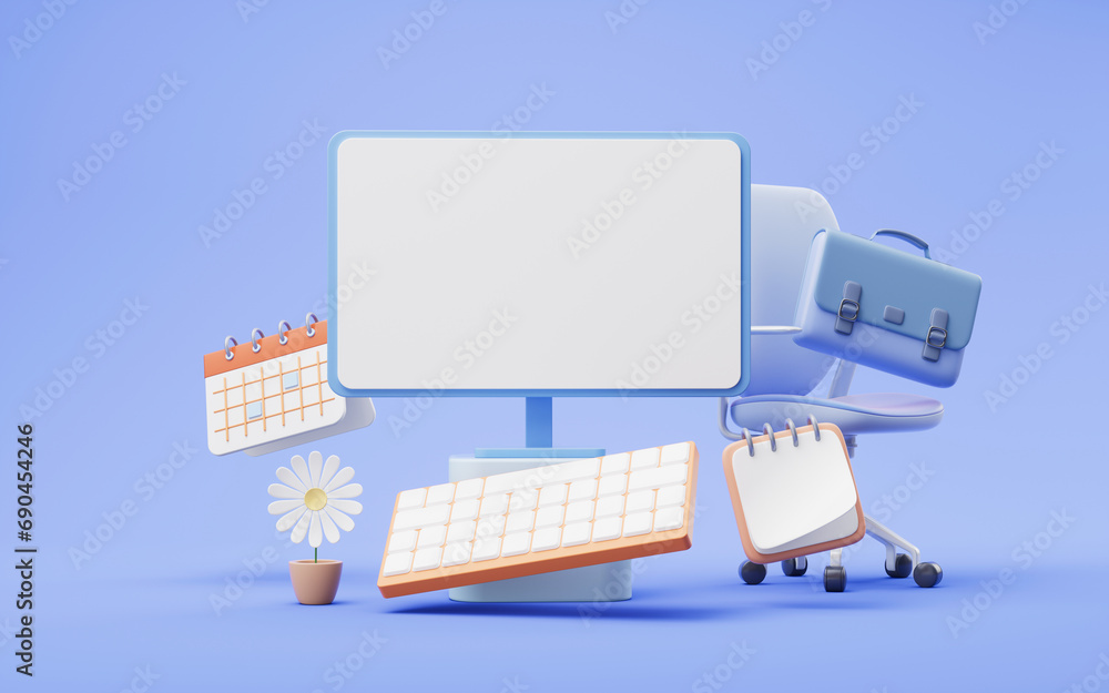Poster computer screen and office work, 3d rendering.