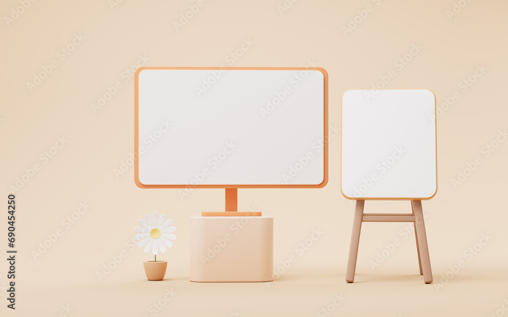 Poster computer screen and office work, 3d rendering.