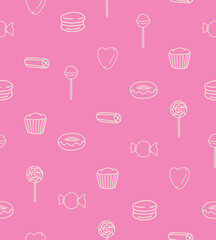 Vector Seamless Pattern White Outline Candy Sweets Food Design Illustration On Pink Background  Wallpaper