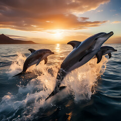 A group of dolphins leaping out of the water