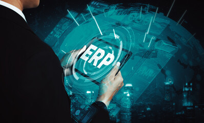 Enterprise Resource Management ERP software system for business resources plan presented in modern...