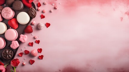Fundo para o  Dia dos Namorados com doces e chocolate, espaço para criação de conteúdo para publicidade, cartão de amor e carinho para épocas festivas e trocas de presentes ou para uso comercial. - obrazy, fototapety, plakaty