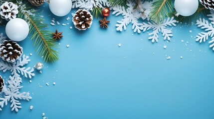 Creative christmas framei on blue background. Xmas and New Year holiday, banner, postcard, invitation, celebration. Flat lay, top view