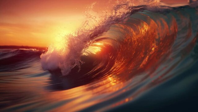 Water wave captured at a moment when it is curling and the sunlight. Slow motion graphic.