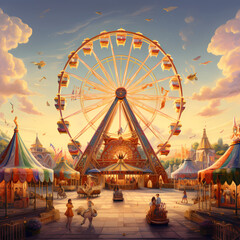 A lively carnival with a Ferris wheel and carousel - obrazy, fototapety, plakaty