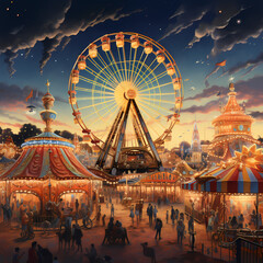 A lively carnival with a Ferris wheel and carousel - obrazy, fototapety, plakaty