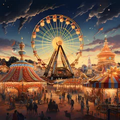 Papier Peint photo autocollant Parc dattractions A lively carnival with a Ferris wheel and carousel