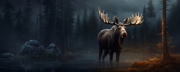 Portrait of a moose from the side on a dark forest background. Space for text