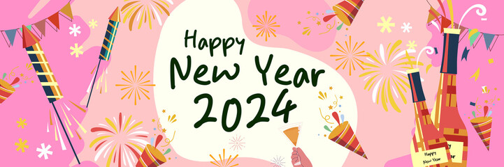 Happy New Year 2024 with the latest pink background - obrazy, fototapety, plakaty