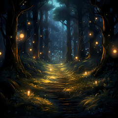 A moonlit forest with fireflies illuminating the path