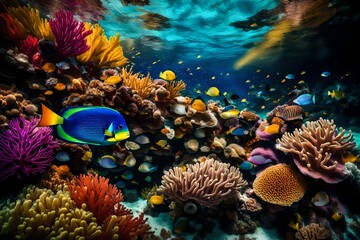A rainbow-hued coral reef teeming with vibrant marine life, captured in crystal-clear tropical waters
