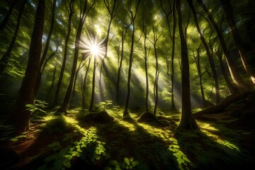 A sun-dappled forest floor, with rays of light piercing through the dense canopy above. 