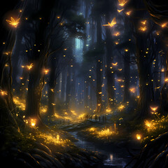 A mystical forest with glowing fireflies.