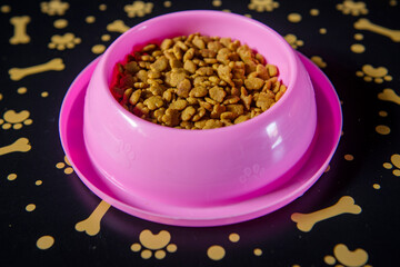 Różowa miska z suchą karmą dla kota na macie do karmienia zwierząt domowych - obrazy, fototapety, plakaty