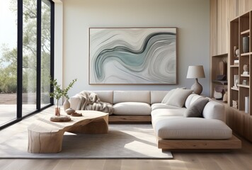 Spacious and Well-Lit Living Room with L-Shaped Sofa and Abstract Painting