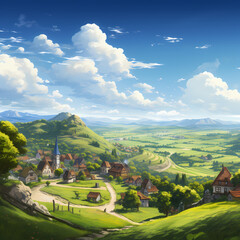 A peaceful village surrounded by rolling hills.