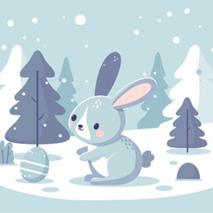 Illustration of a brown rabbit playing with eggs in snowy nature