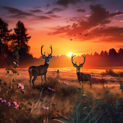 A serene meadow with deer grazing at sunset.
