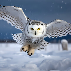 A snowy owl in flight against a winter sky