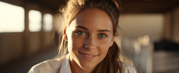 Smiling young woman with fair skin in close-up shot