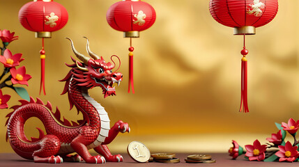 Chinese New Year 2024 festival. Red dragon with paper lanterns on gold background template. Generated with AI