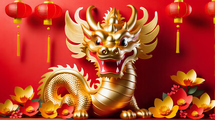 Gold dragon on red background with flowers and lanterns. Happy Chinese New Year 2024. Created with AI