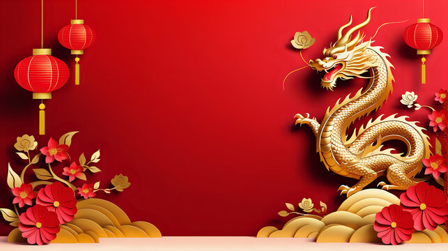 Gold dragon with flowers and paper lanterns on red background. Chinese new year concept. Created with AI