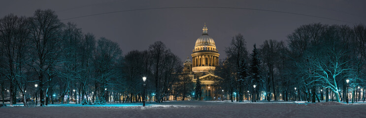 Panorama of St. Isaac's Cathedral at winter night. Saint Petersburg. Russia.