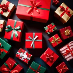 Christmas presents, top-down view, holiday seasonal tradition of gift giving and sharing