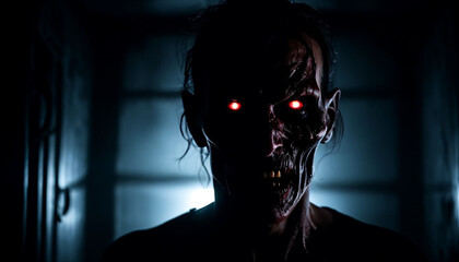 Zombie in a dark room with glowing red eyes - obrazy, fototapety, plakaty