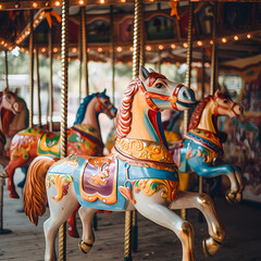 Fototapeta na wymiar A whimsical carousel with brightly painted horses