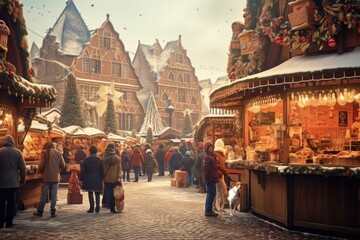 Christmas market in historic European town square with festive decorations. Holiday season and shopping. - obrazy, fototapety, plakaty