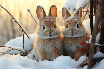 A pair of rabbits in the snow