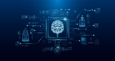 Brain organ human in microchip processor circuit board. HUD interface hologram. Innovative health care analysis of AI technology digital hi tech. Modern treatment future medicine. Vector.