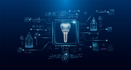 Dental implant organ human in microchip processor circuit board. HUD interface and a hologram. Modern treatment future medicine. Innovative health care analysis of AI technology digital. Vector. - obrazy, fototapety, plakaty