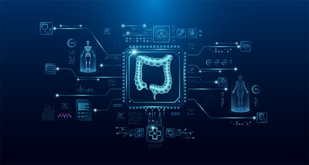Intestine organ human in microchip processor circuit board. HUD interface and a hologram. Modern treatment future medicine. Innovative health care analysis of AI technology digital hi tech. Vector.