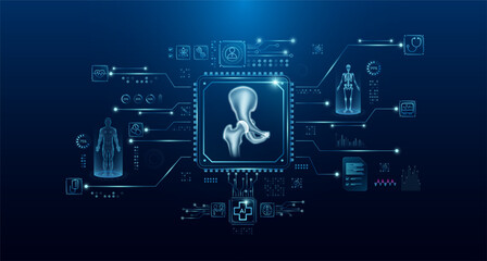 Hip joint bone organ human in microchip processor circuit board. HUD interface hologram. Innovative health care analysis of AI technology digital hi tech. Modern treatment future medicine. Vector.
