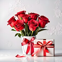 bouquet of red roses and gift box