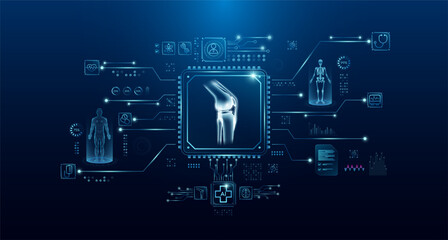 Knee joint bone organ human in microchip processor circuit board. HUD interface hologram. Innovative health care analysis of AI technology digital hi tech. Modern treatment future medicine. Vector. - obrazy, fototapety, plakaty