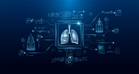 Lung organ human in microchip processor circuit board. HUD interface hologram. Innovative health care analysis of AI technology digital hi tech. Modern treatment future medicine. Vector.