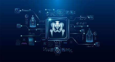 Pelvis bone organ human in microchip processor circuit board. HUD interface and a hologram. Modern treatment future medicine. Innovative health care analysis of AI technology digital hi tech. Vector.