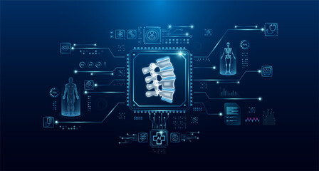 Spine bone organ human in microchip processor circuit board. HUD interface hologram. Innovative health care analysis of AI technology digital hi tech. Modern treatment future medicine. Vector.